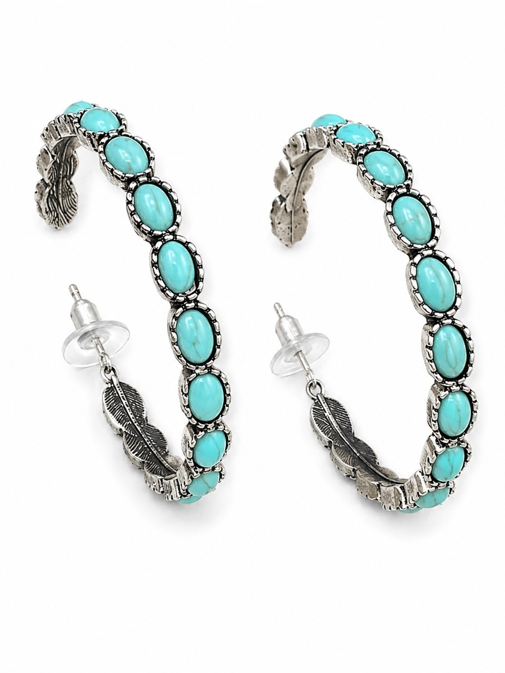 Southwestern Turquoise Hoop Earrings with Feather Accents